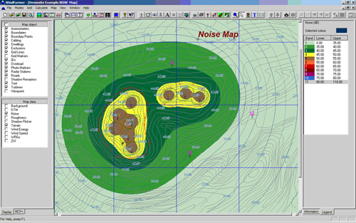 Figure 4.6 A wind farm noise map generated using a WFDT (Garrad Hassan)